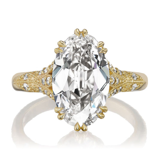 ::color_yellow ::| Florence Edwardian styled 4ct old mine cut lab-grown moval diamond engagement ring with milgrain and diamond accents in yellow gold front view