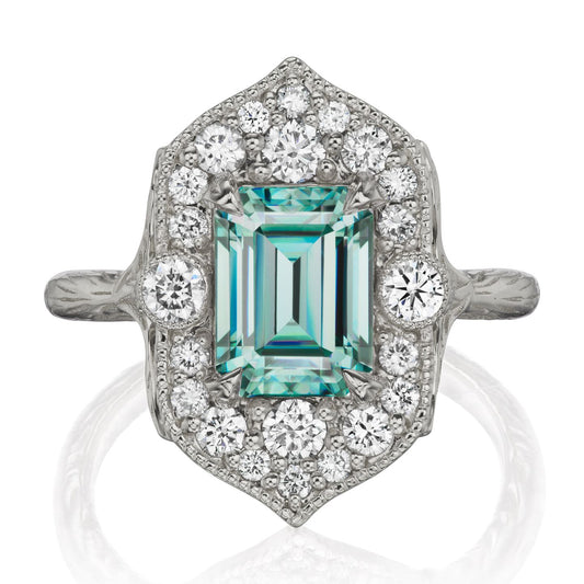 ::color_white ::| 2.3ctw emerald cut aqua teal moissanite center, diamond halo, twig textured band, engagement ring Estella white gold front view