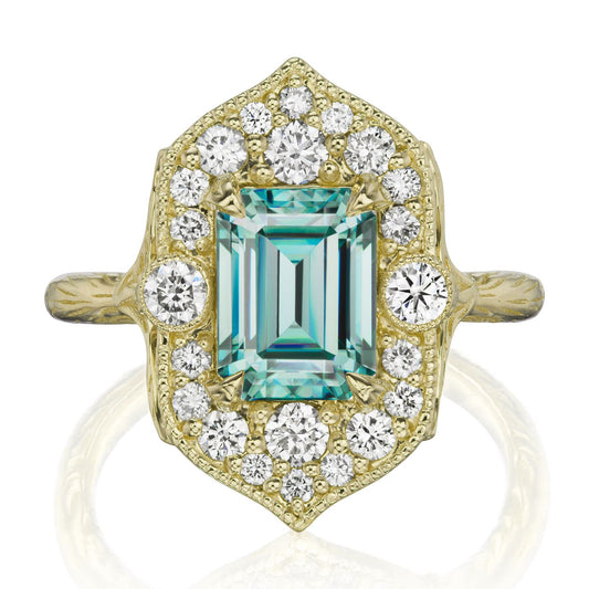::color_yellow ::| 2.3ctw emerald cut aqua teal moissanite center, diamond halo, twig textured band, engagement ring Estella yellow gold front view