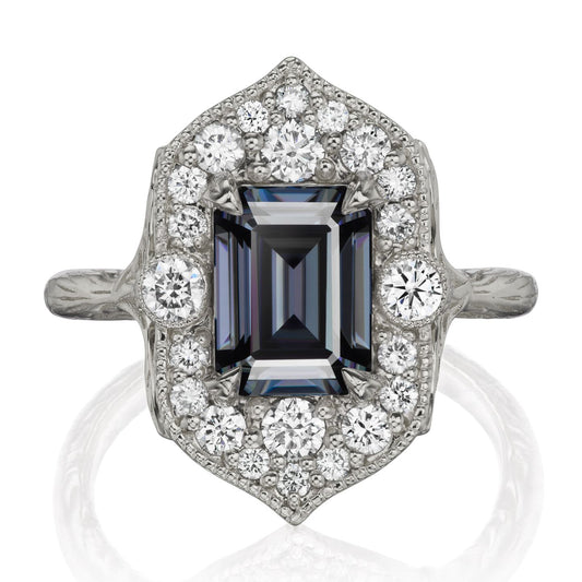 ::color_white ::| 2.3ctw emerald cut grey moissanite center, diamond halo, twig textured band, engagement ring Estella white gold front view