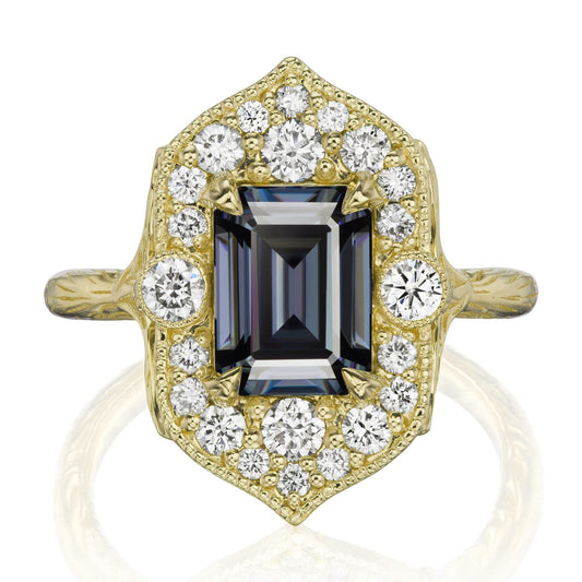 ::color_yellow ::| 2.3ctw emerald cut grey moissanite center, diamond halo, twig textured band, engagement ring Estella yellow gold front view