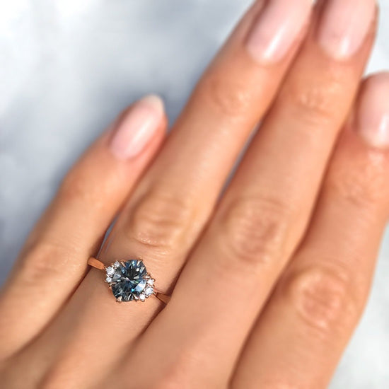 ::| 1.5ctw oval grey moissanite engagement ring Demi rose gold modeled