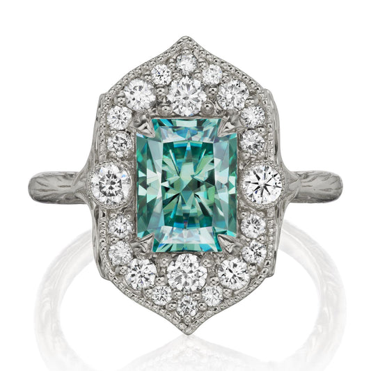 ::color_white ::| 2.35ctw radiant aqua teal moissanite center, diamond halo, twig textured band, engagement ring Estella white gold front view