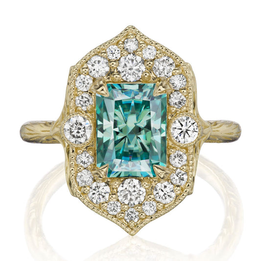 ::color_yellow ::| 2.35ctw radiant aqua teal moissanite center, diamond halo, twig textured band, engagement ring Estella yellow gold front view