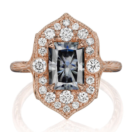 ::color_rose ::| 2.35ctw radiant grey moissanite center, diamond halo, twig textured band, engagement ring Estella rose gold front view