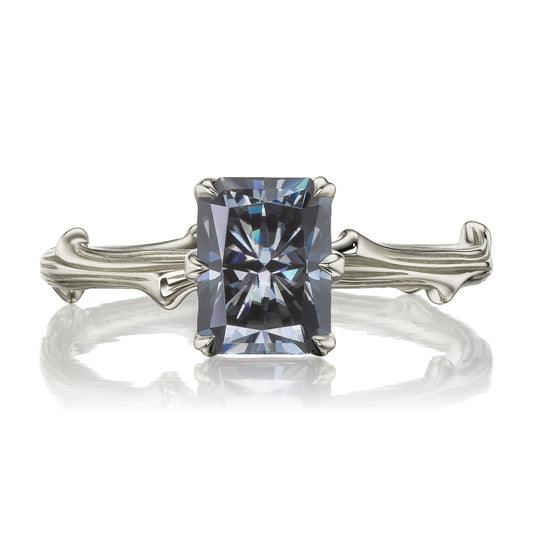 ::color_white ::| 1.8ct radiant cut Iconic grey moissanite solitaire engagement ring with a twig band white gold front view
