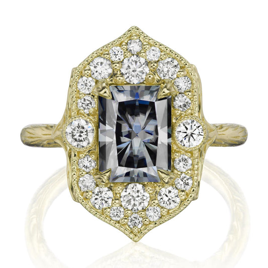 ::color_yellow ::| 2.35ctw radiant grey moissanite center, diamond halo, twig textured band, engagement ring Estella yellow gold front view