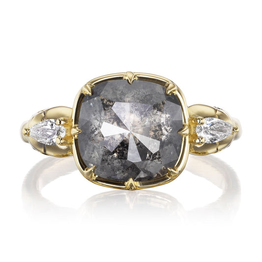 ::color_yellow ::| 3.5ctw cushion rose-cut salt and pepper diamond engagement ring  with diamond accents  Juliet Skull memento mori yellow gold front view