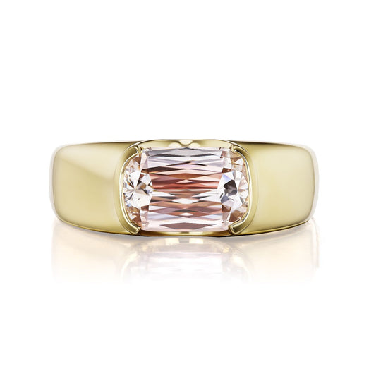 ::color_yellow ::| 2.16ct champagne Ashoka cut lab diamond ring with inspiration from antique memento mori jewelry. Sleek and minimalist from the top, but with a hidden surprise gold skull and accent diamond on one side yellow gold front view