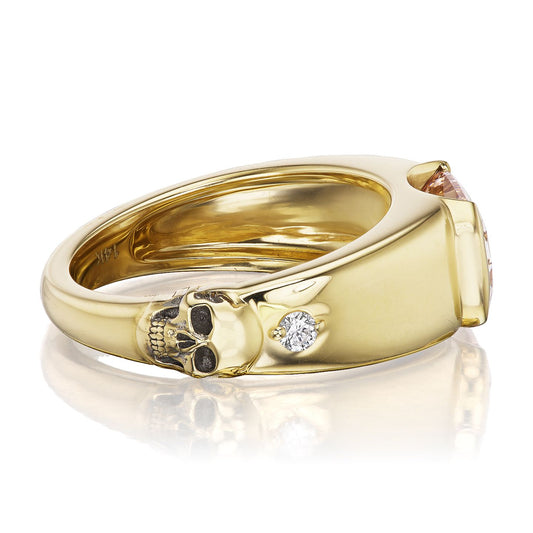 ::color_yellow ::| 2.16ct champagne Ashoka cut lab diamond ring with inspiration from antique memento mori jewelry. Sleek and minimalist from the top, but with a hidden surprise gold skull and accent diamond on one side yellow gold side view
