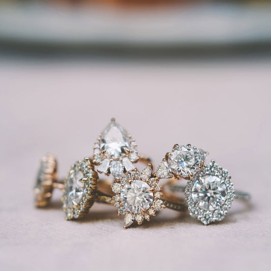 Everlum lab-grown diamond engagement rings in halo, three-stone, and cluster styles