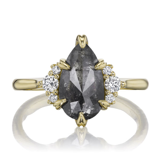 ::color_yellow ::| 1.42ctw pear salt & pepper rustic diamond engagement ring Demi yellow gold front view