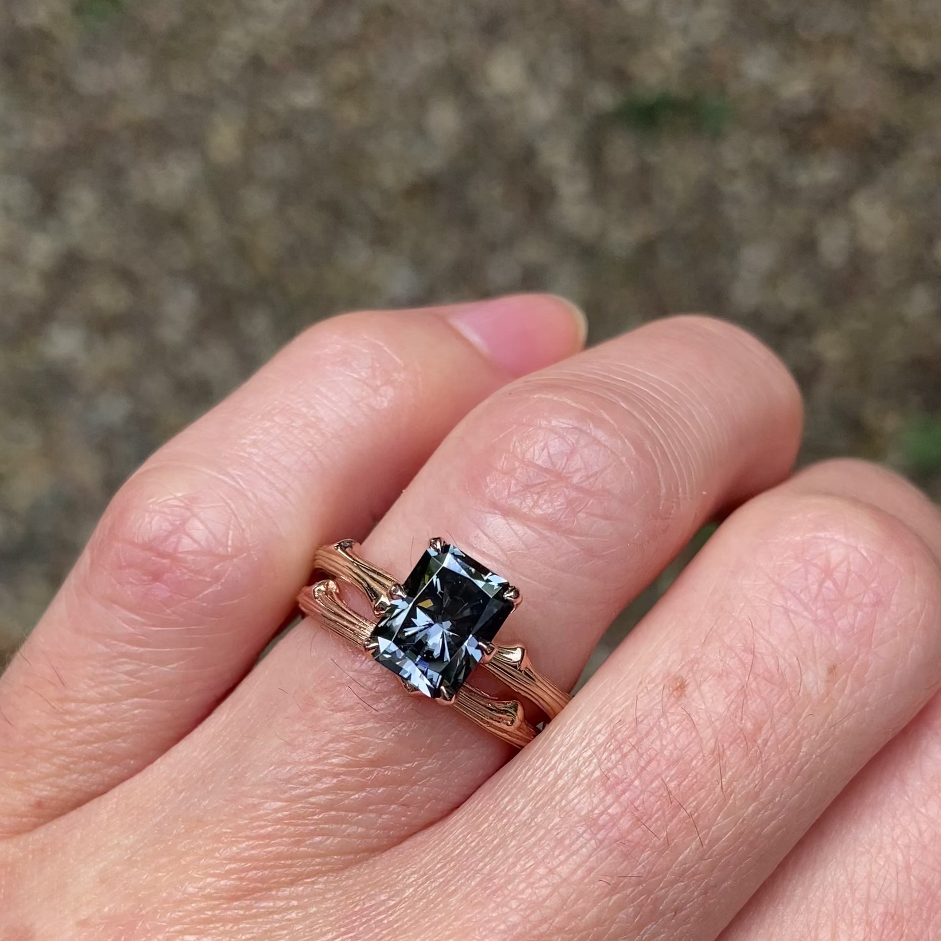 ::color_rose ::| 1.8ct radiant cut Iconic grey moissanite solitaire engagement ring with a twig band rose gold modeled ring set video