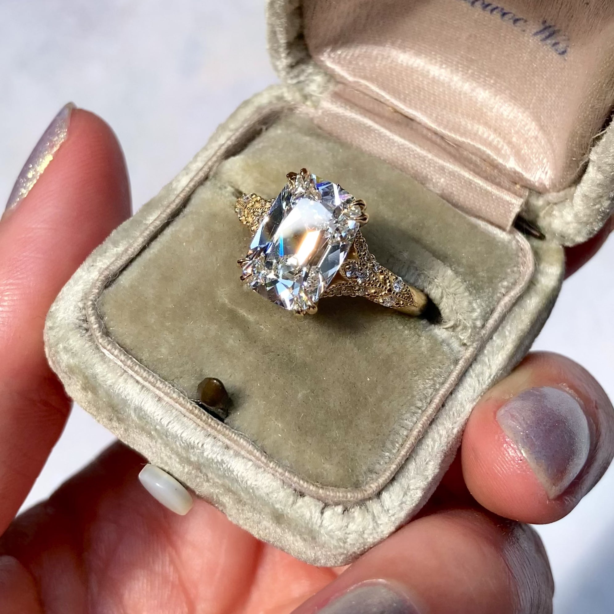 ::color_yellow ::| Florence Edwardian styled 4ct old mine cut lab-grown cushion diamond engagement ring with milgrain and diamond accents in yellow gold video