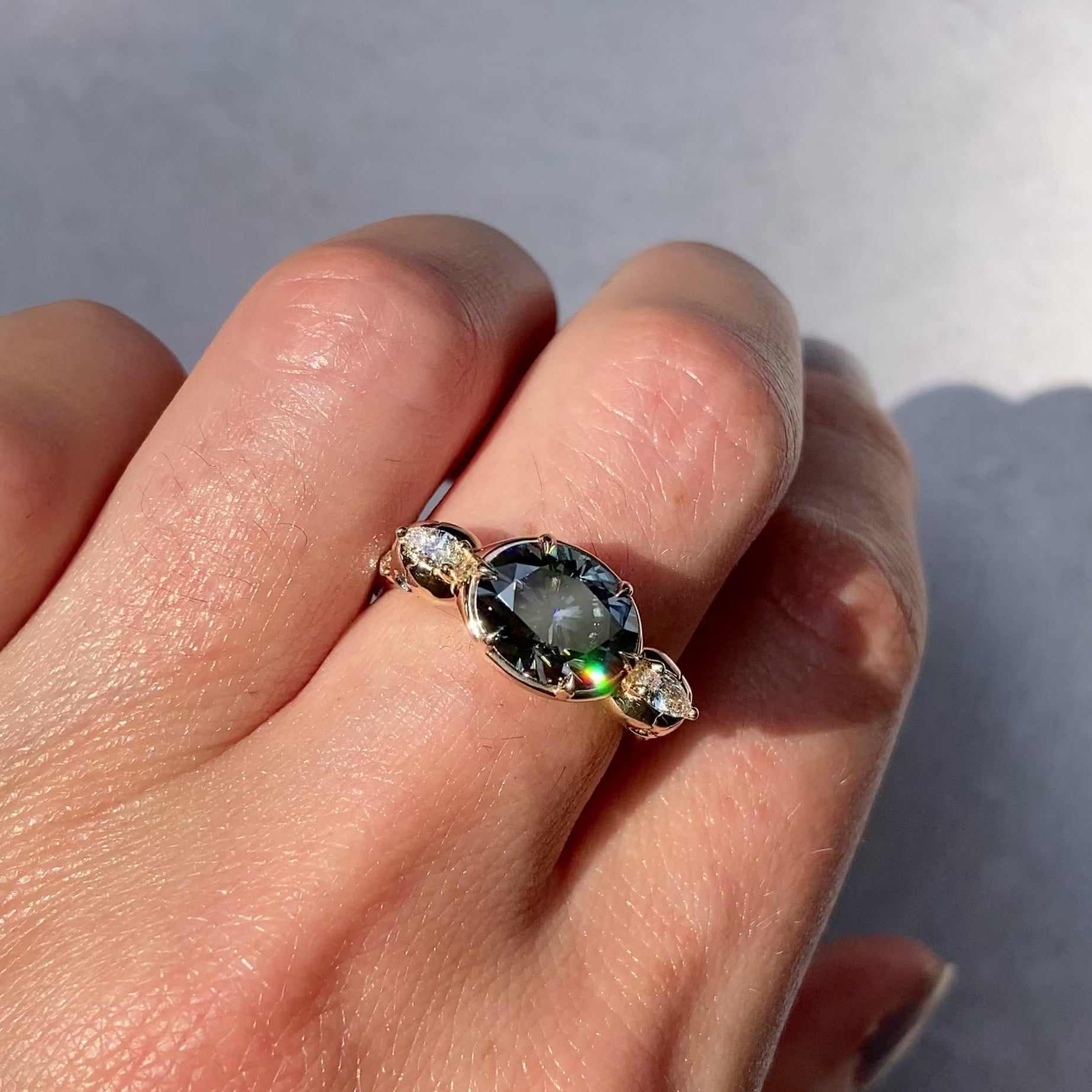 ::color_yellow ::| 2.65ctw oval grey moissanite engagement ring Juliet Skull memento mori yellow gold diamond accents worn on finger video