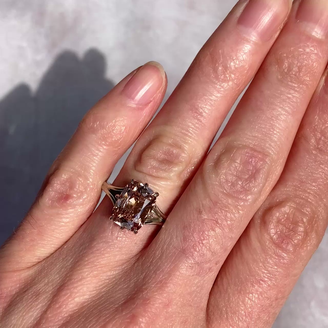 ::color_white ::| Ophelia 3.5ct old mine cut lab-grown champagne diamond solitaire engagement ring with a split shank in white gold modeled video