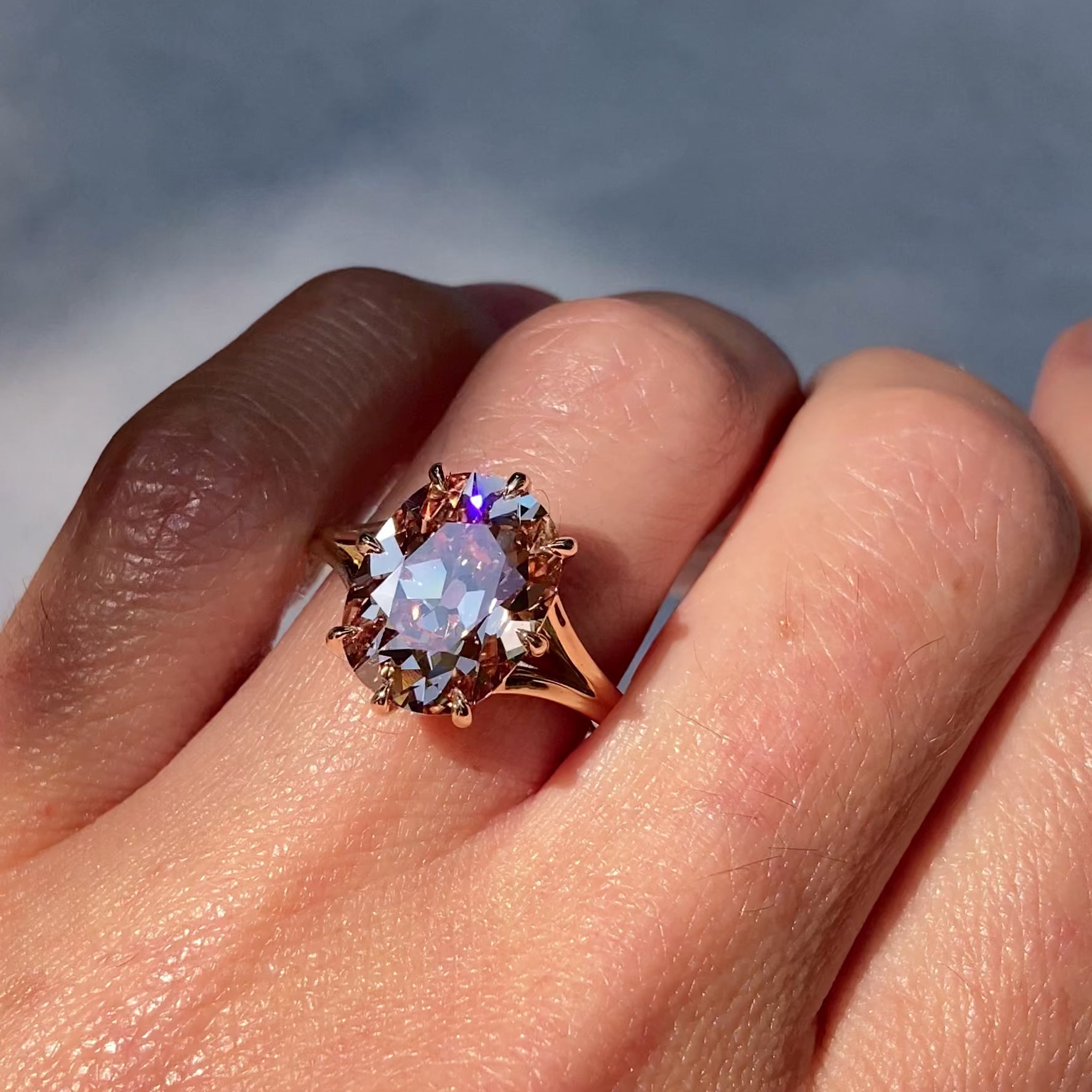 ::color_yellow ::| Ophelia 5ct Old Mine Cut cushion lab-grown champagne diamond solitaire engagement ring with a split shank in yellow gold worn on finger video