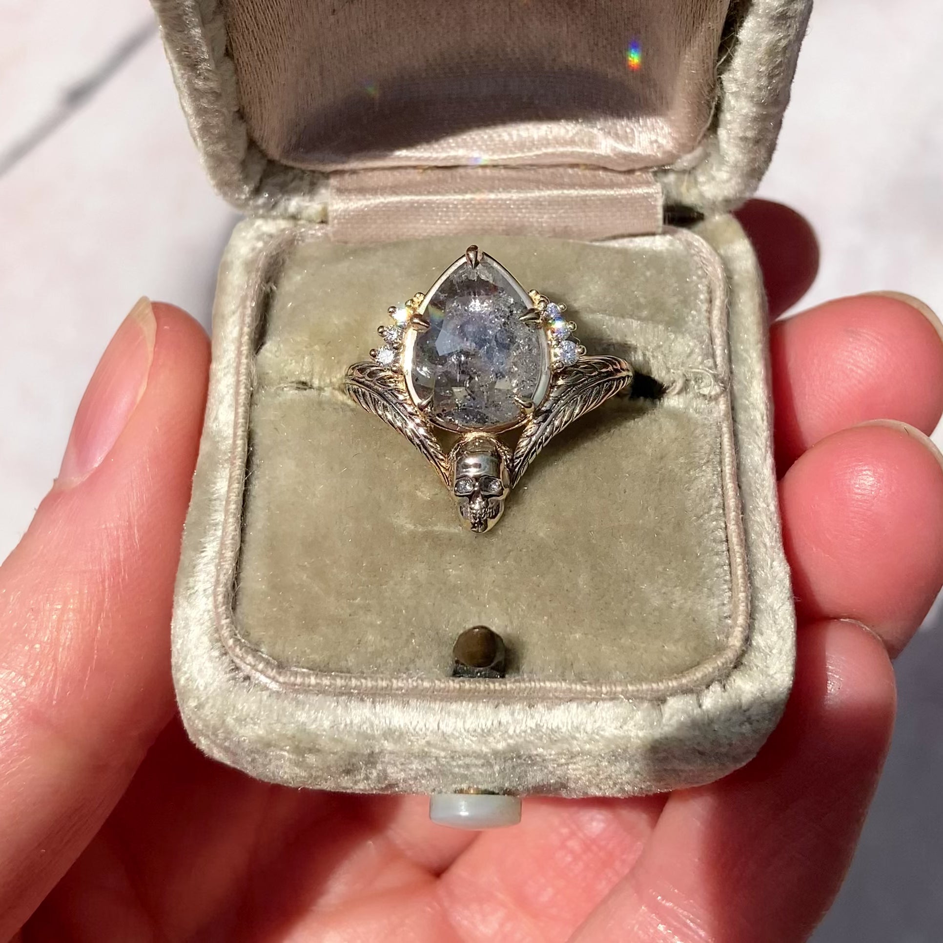 ::color_yellow ::| 2.61ctw pear rose cut salt and pepper diamond engagement ring with a skull and leaf motif and diamond accents yellow gold in ring box video