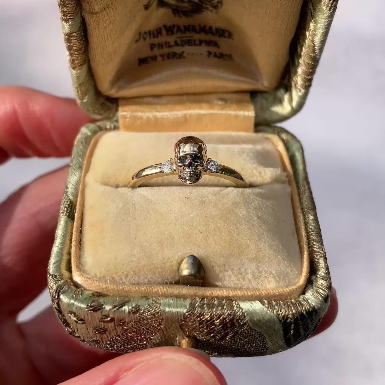 ::color_yellow ::|Persephone memento mori yellow gold skull ring with accent gems in a ringbox video