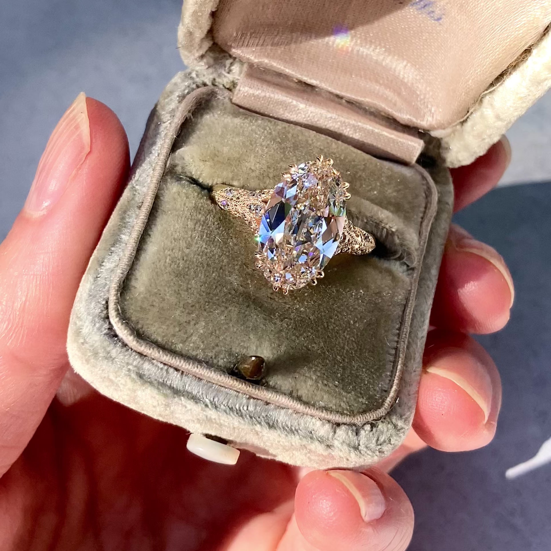 ::color_yellow ::| Florence Edwardian styled 4ct old mine cut lab-grown moval diamond engagement ring with milgrain and diamond accents in yellow gold video with ring box