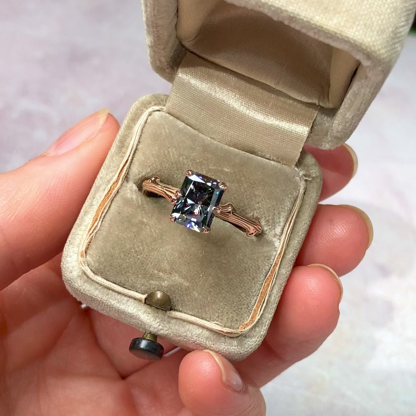 ::color_rose ::| 1.8ct radiant cut Iconic grey moissanite solitaire engagement ring with a twig band rose gold in ring box video