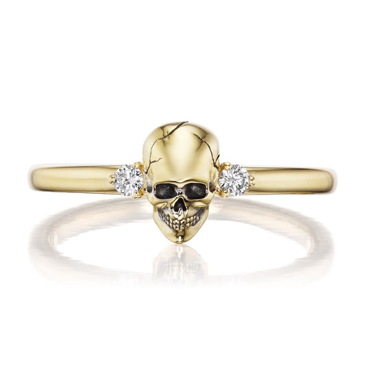 ::color_yellow ::|Persephone memento mori yellow gold skull ring with accent gems front view