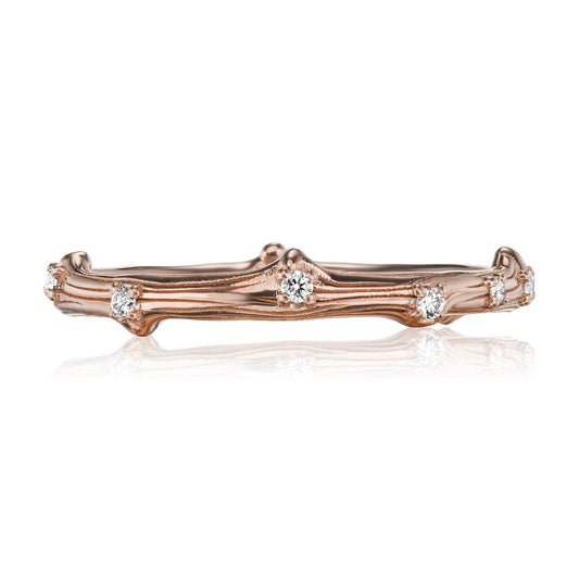 ::color_rose ::| Scattered diamond twig textured wedding band rose gold front view