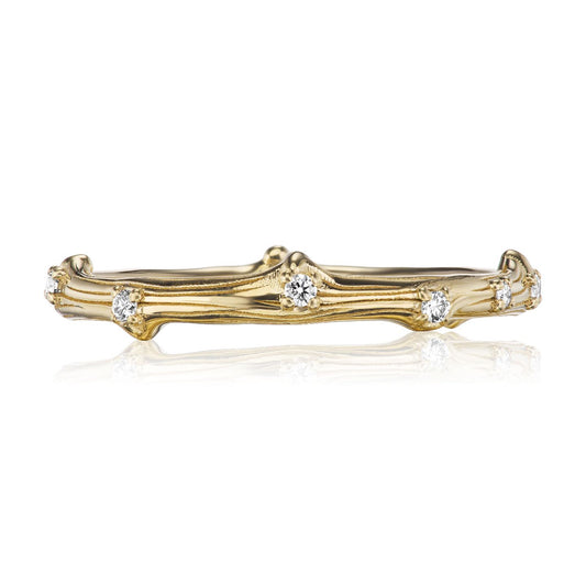 ::color_yellow ::| Scattered diamond twig textured wedding band yellow gold front view