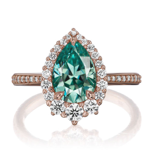 ::color_rose ::shank_halfway_three-quarters ::shank_three-quarters_halfway_no ::| 2.58ctw+ pear aqua-teal moissanite engagement ring Celeste rose gold diamond shank front view