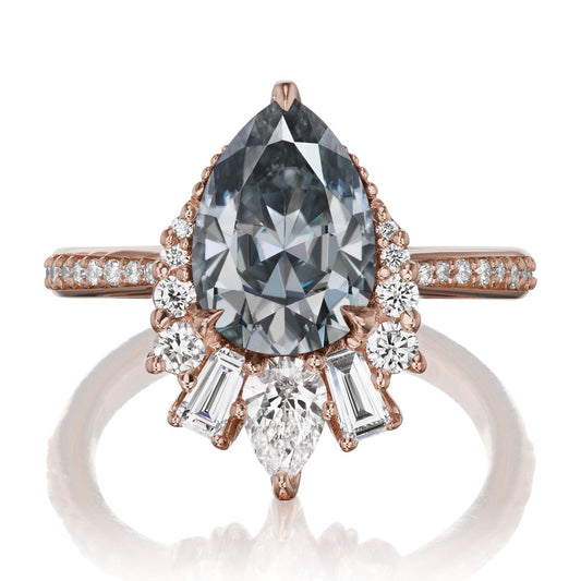 ::color_rose ::shank_halfway_three-quarters ::shank_three-quarters_halfway_no ::| 2.53ctw+ pear grey moissanite engagement ring with diamond accents Artemis rose gold diamond shank front view