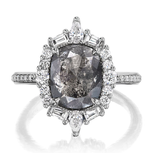 ::color_white ::shank_halfway_three-quarters ::shank_three-quarters_halfway_no ::| 3.72ctw+ cushion cut salt + pepper diamond engagement ring Olive white gold diamond shank front view