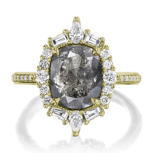 ::color_yellow ::shank_halfway_three-quarters ::shank_three-quarters_halfway_no ::| 3.72ctw+ cushion cut salt + pepper diamond engagement ring Olive yellow gold diamond shank front view