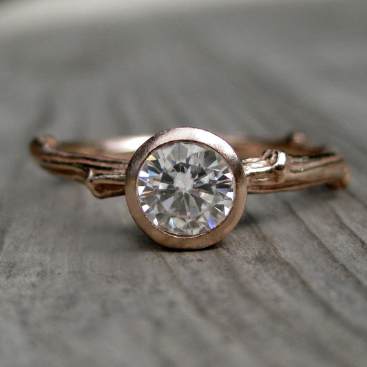 Round Cut Forever Brilliant Moissanite Twig Engagement Ring; .8 carat 