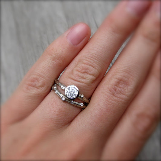 Moissanite Twig Engagement & Diamond Wedding Ring Set (Ready to Ship)