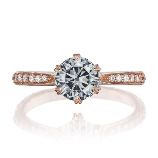 ::color_rose ::| 1ctw round grey moissanite engagement ring Camille rose gold diamond shank front view