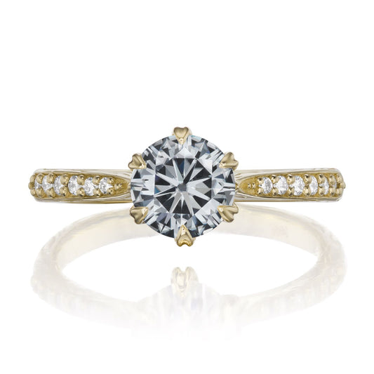 ::color_yellow ::| 1ctw round grey moissanite engagement ring Camille yellow gold diamond shank front view