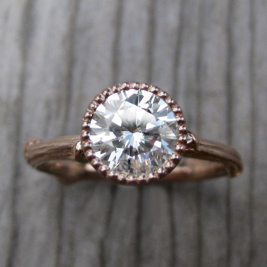 Round Forever Brilliant™ Moissanite Twig Engagement Ring; Beaded Bezel (1ct)