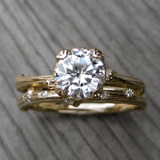<center><strong>・VIOLET + TWIG BAND・</strong><br></center> Moissanite Twig Ring, 1ct + Twig Band, Five Diamonds (Ready to Ship)