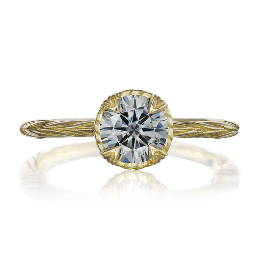 ::color_yellow ::| 1ctw round grey moissanite solitaire engagement ring Sienna yellow gold front view