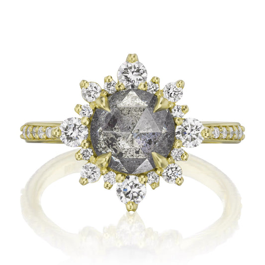 ::color_yellow ::shank_halfway_three-quarters ::shank_three-quarters_halfway_no ::| 2.60ctw+ round rose cut salt + pepper diamond engagement ring Reyna yellow gold diamond shank front view