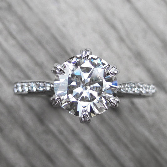 Top view of vintage inspired engagement ring with a lab grown diamond in 14k white gold