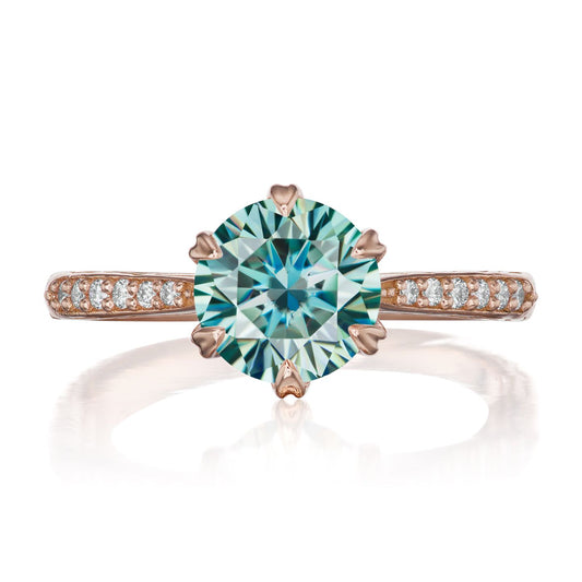 ::color_rose ::| 1.5ctw round aqua-teal moissanite engagement ring Camille rose gold diamond shank front view