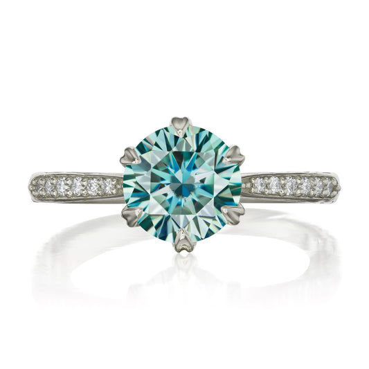 ::color_white ::| 1.5ctw round aqua-teal moissanite engagement ring Camille white gold diamond shank front view