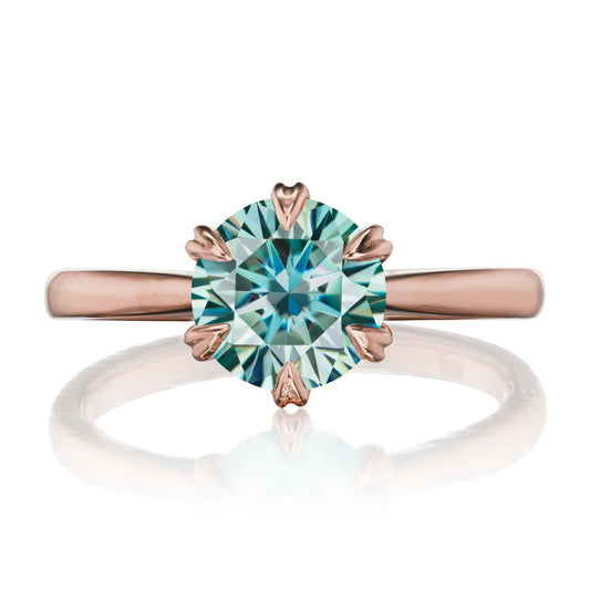 ::color_rose ::| 1.5ctw round aqua-teal moissanite engagement ring Leona rose gold front view