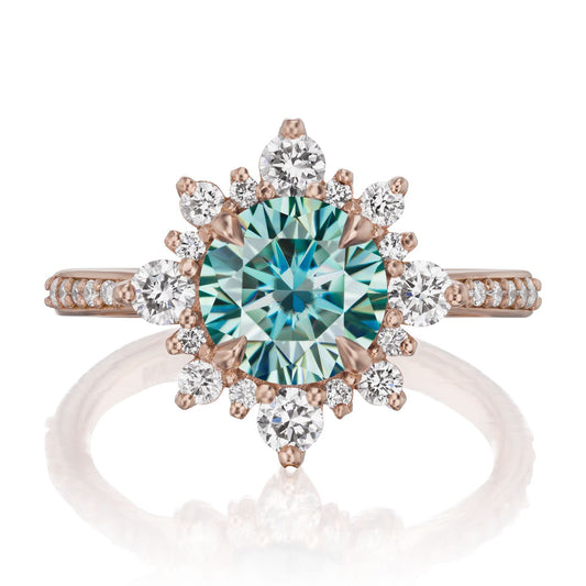 ::color_rose ::shank_halfway_three-quarters ::shank_three-quarters_halfway_no ::| 1.93ctw+ round aqua-teal moissanite engagement ring Reyna rose gold diamond shank front view