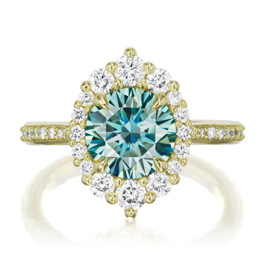 ::color_yellow ::shank_halfway_three-quarters ::shank_three-quarters_halfway_no ::| 1.93ctw+ round aqua-teal moissanite engagement ring Emerson yellow gold diamond shank front view