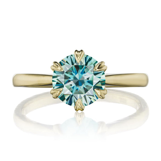::color_yellow ::| 1.5ctw round aqua-teal moissanite engagement ring Leona yellow gold front view