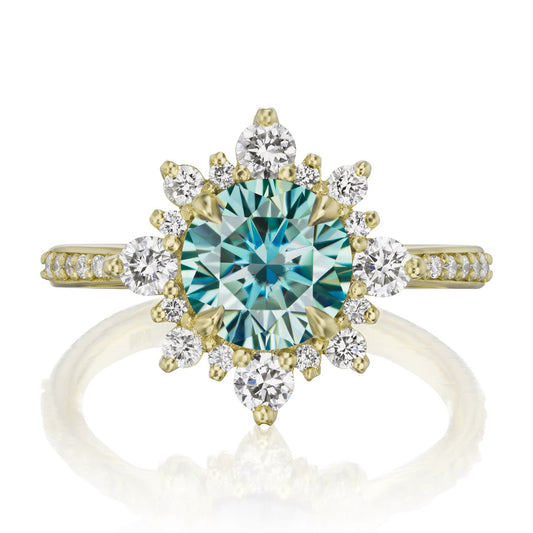 ::color_yellow ::shank_halfway_three-quarters ::shank_three-quarters_halfway_no ::| 1.93ctw+ round aqua-teal moissanite engagement ring Reyna yellow gold diamond shank front view