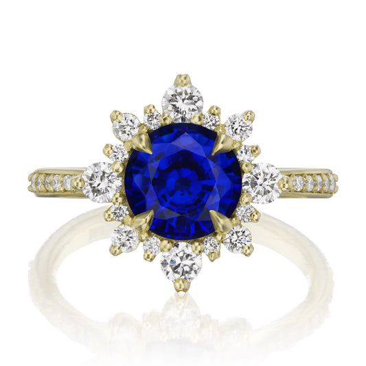 ::color_yellow ::shank_halfway_three-quarters ::shank_three-quarters_halfway_no ::| 2.68ctw+ round blue sapphire engagement ring Reyna yellow gold diamond shank front view
