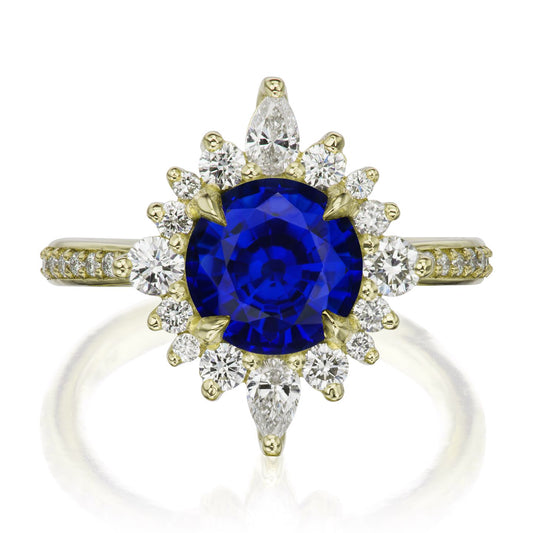::color_yellow ::shank_halfway_three-quarters ::shank_three-quarters_halfway_no ::| 2.73ctw+ round blue sapphire engagement ring Zahra yellow gold diamond shank front view